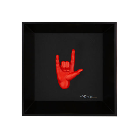Rock 'n roll - il linguaggio delle mani con scultura in resina su quadro fondo nero con cornice artigianale italiana