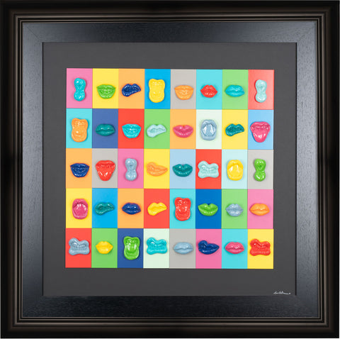 Multibocche - sculture in resina colorata lucida su cartoncino colorato e quadro fondo nero con cornice artigianale italiana (100x100)