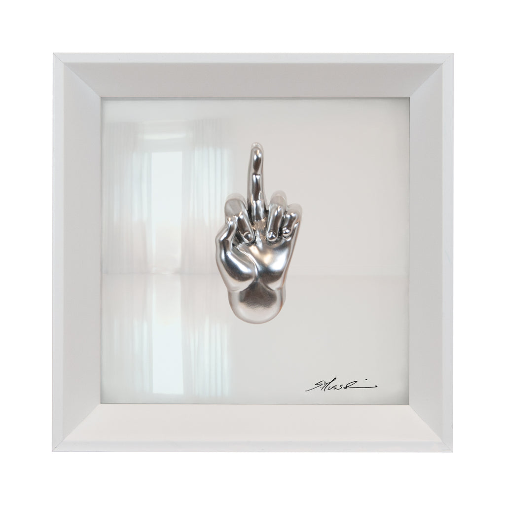 Buscìa - the language of the hands with sculpture in chromed resin on a white background painting and an Italian handcrafted frame
