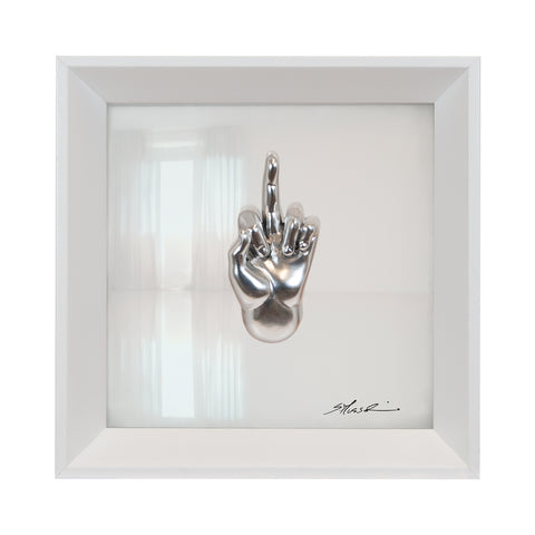 Buscìa - the language of the hands with sculpture in chromed resin on a white background painting and an Italian handcrafted frame