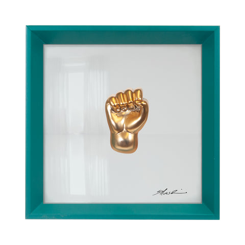 'A carocchia - il linguaggio delle mani con scultura in resina oro cromato su quadro fondo in vetro e cornice turchese