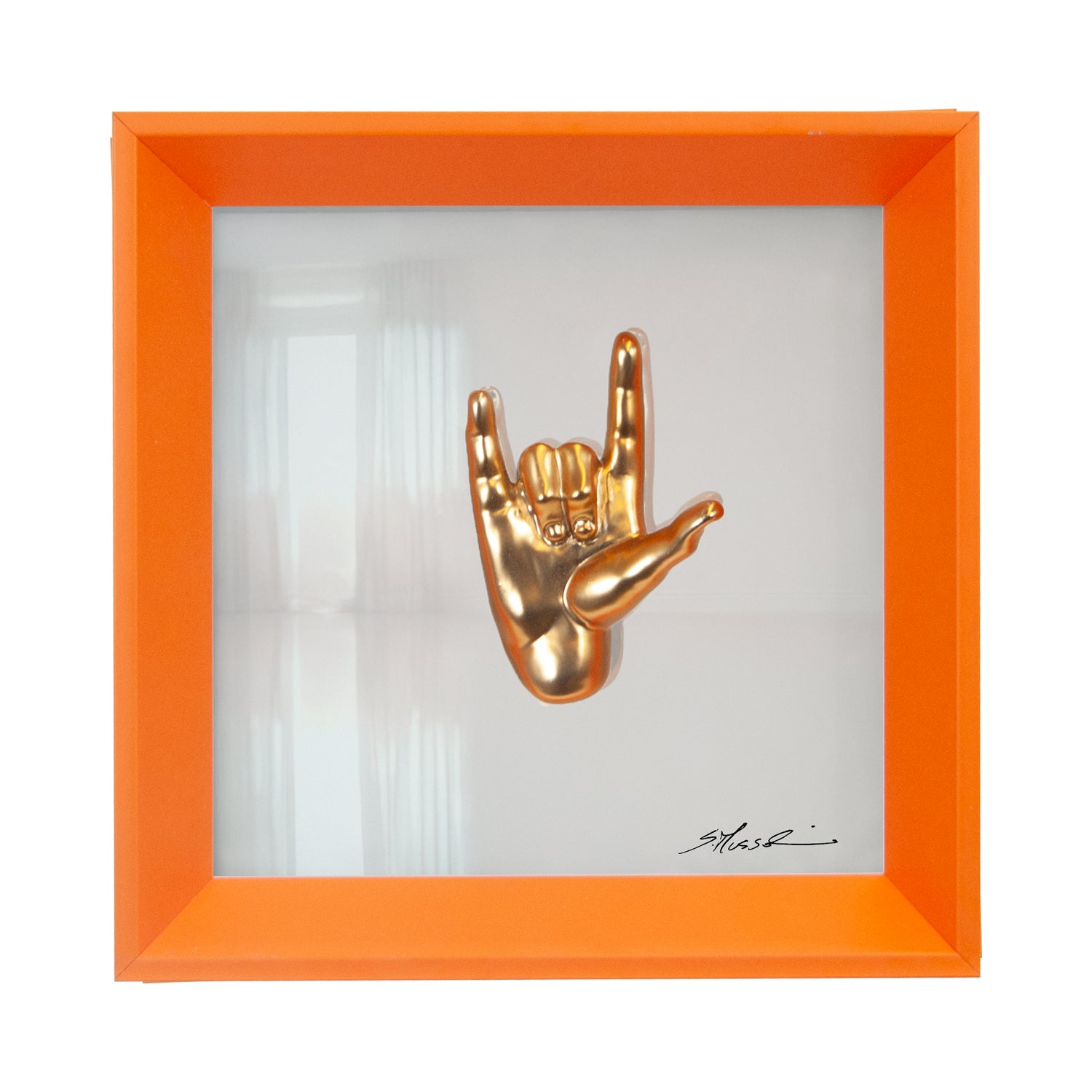 Rock 'n roll - il linguaggio delle mani con scultura in resina oro cromato su quadro fondo in vetro e cornice arancione