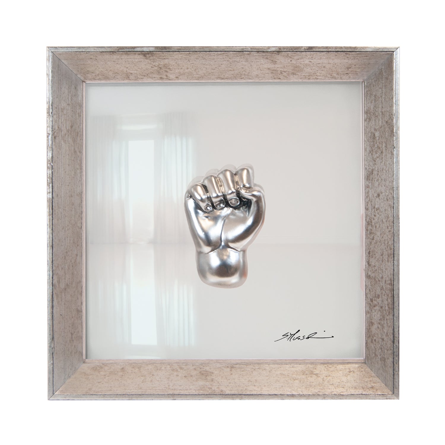 Buscìa - the language of the hands with sculpture in chromed resin on a white background painting and an Italian handcrafted frame
