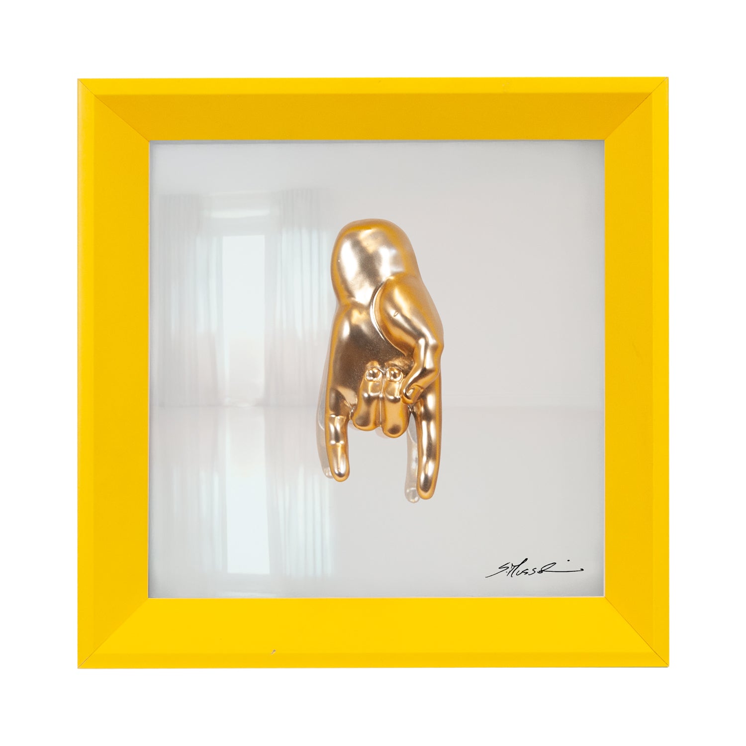 Buscìa - the language of the hands with sculpture in chromed resin on a white background painting and an Italian handcrafted frame