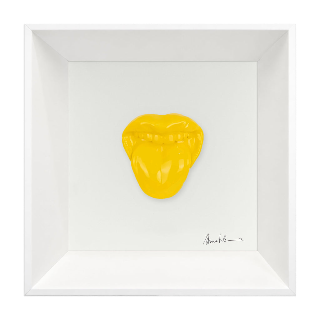 ‘A lingua - scultura in resina colorata lucida su quadro fondo bianco (vers. 19x19)
