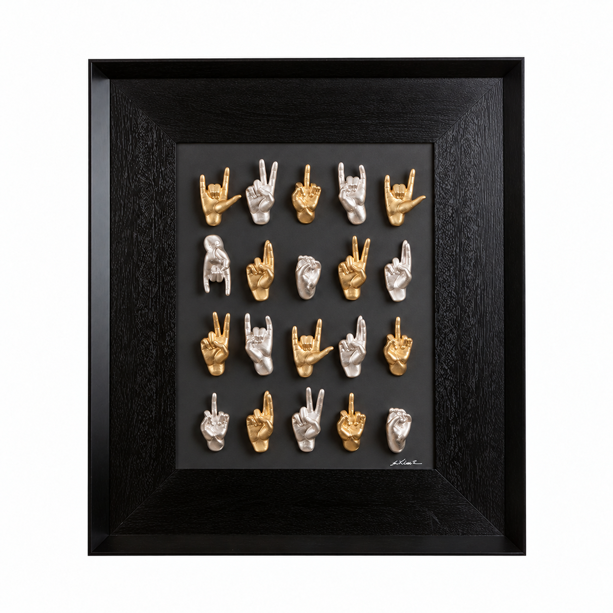 Multimani - sculptures in shiny silver and gold resin on black background frame with Italian handcrafted frame (vers. 2)