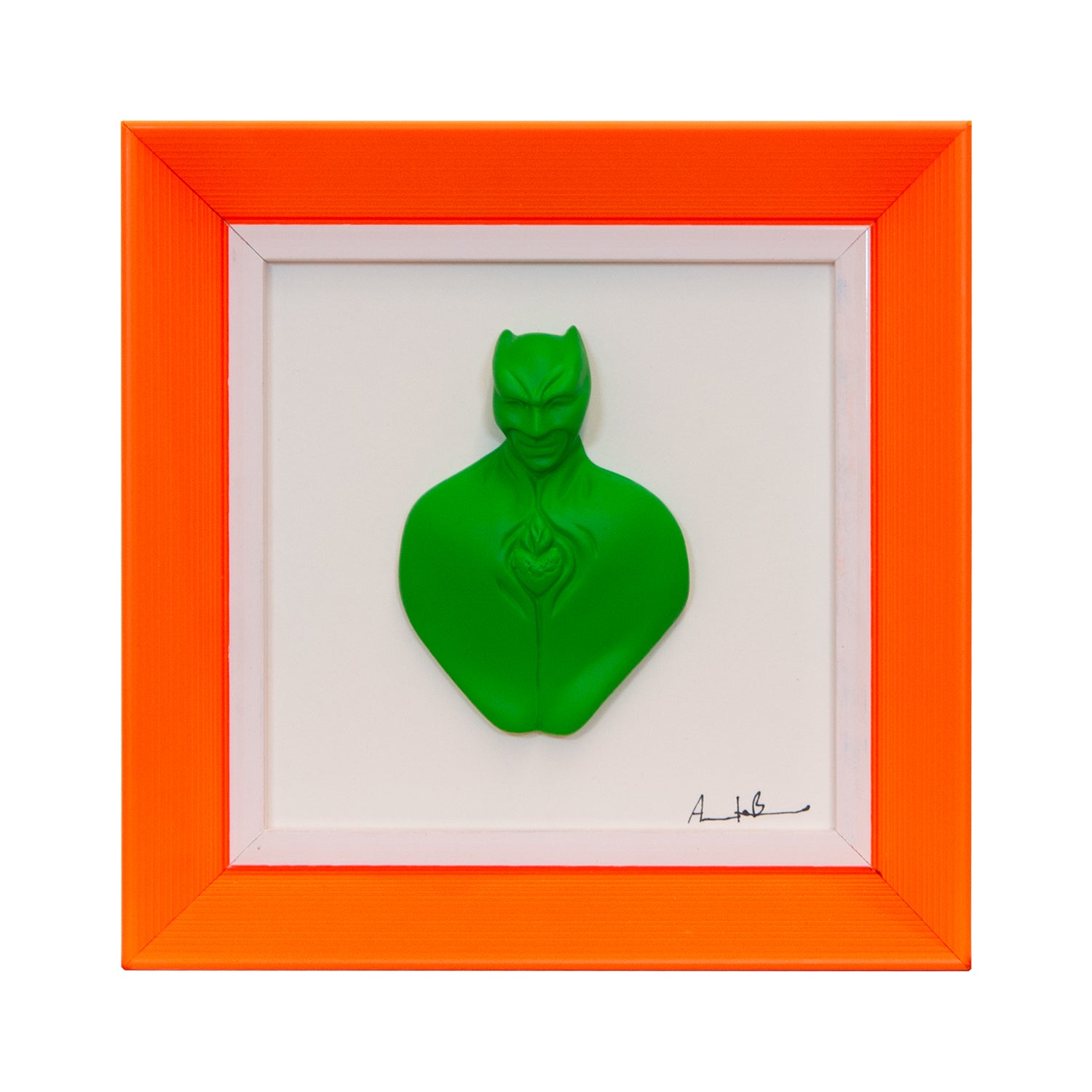 Man in color-scultura in resina opaca verde con cornice arancione in quadro fondo bianco
