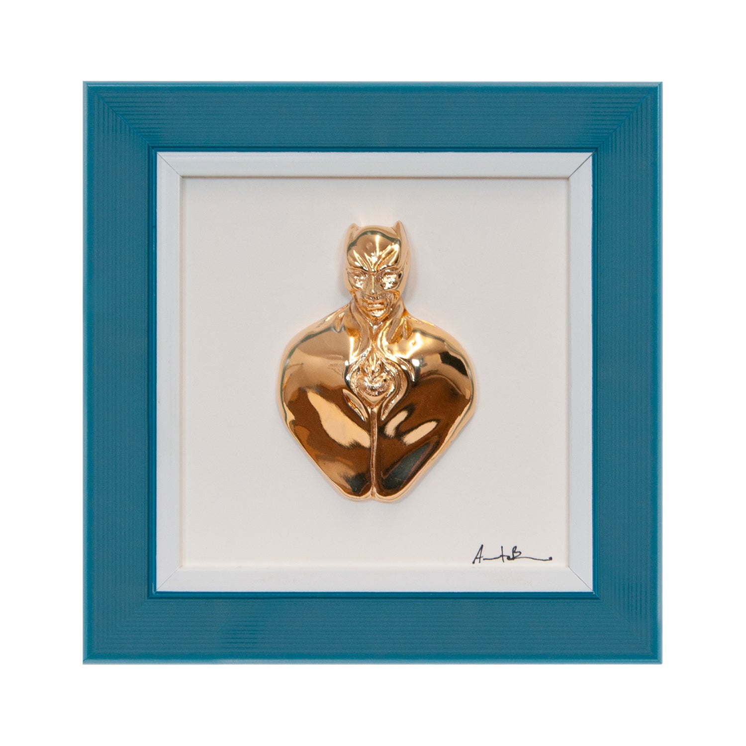 Man in color-scultura in resina lucida oro con cornice azzurra in quadro fondo bianco