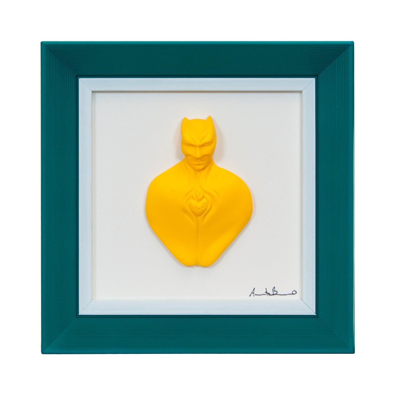 Man in color-scultura in resina opaca gialla con cornice turchese in quadro fondo bianco