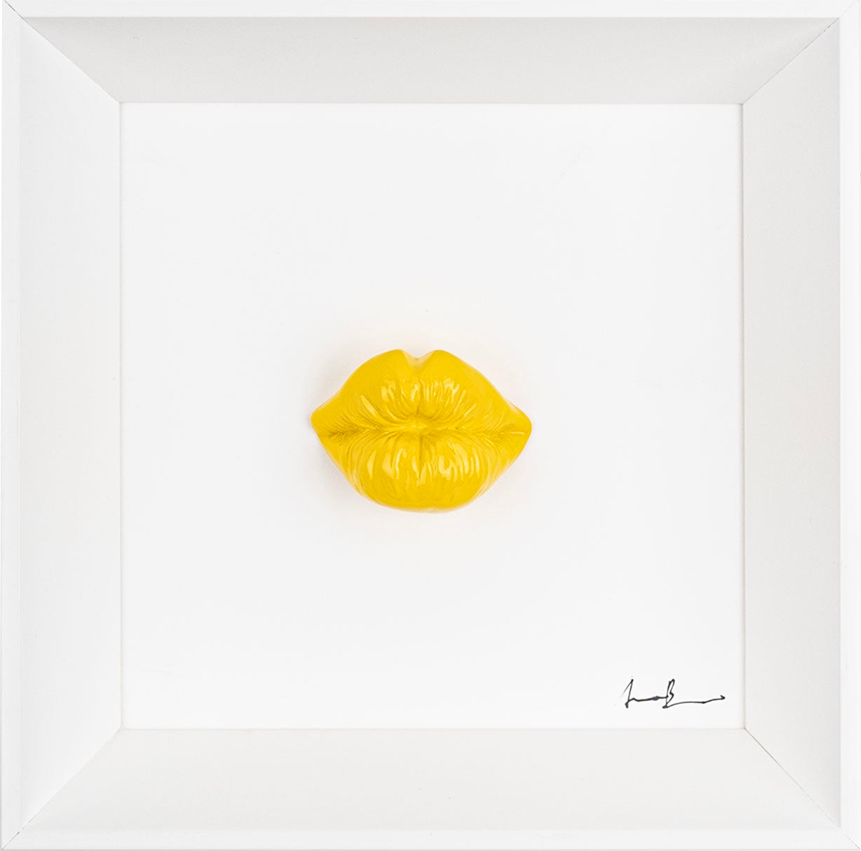 ‘O bacio - scultura in resina colorata lucida su quadro fondo bianco (vers. 19x19)
