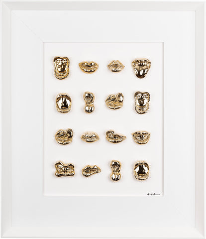 Multibocche - sculture in resina oro cromato e quadro fondo bianco con cornice artigianale italiana (60x70)