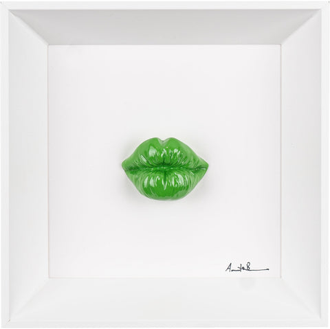 ‘O bacio - scultura in resina colorata lucida su quadro fondo bianco (vers. 19x19)