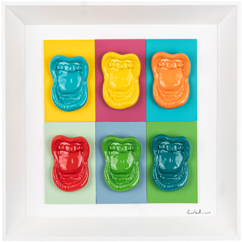 Multibocche - sculture in resina colorata lucida su cartoncino colorato e quadro fondo bianco con cornice artigianale italiana (30x30)