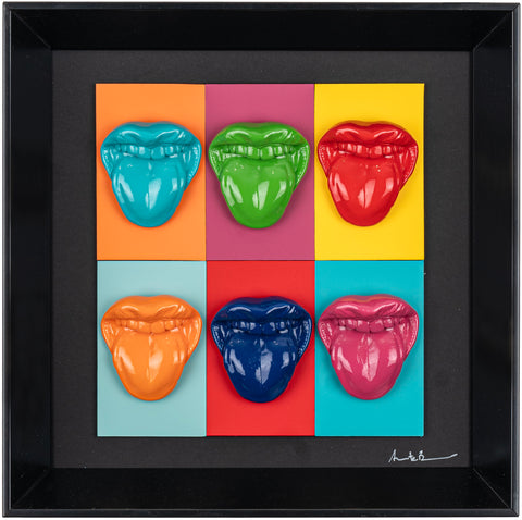 Multibocche - sculture in resina colorata lucida su cartoncino colorato e quadro fondo nero con cornice artigianale italiana (30x30)