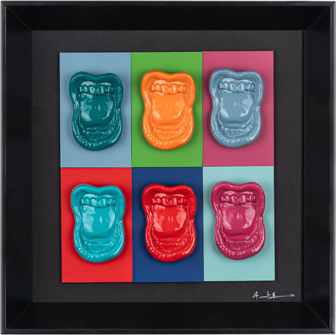 Multibocche - sculture in resina colorata lucida su cartoncino colorato e quadro fondo nero con cornice artigianale italiana (30x30)