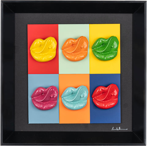 Multibocche - sculture in resina colorata lucida su cartoncino colorato e quadro fondo nero con cornice artigianale italiana (30x30)