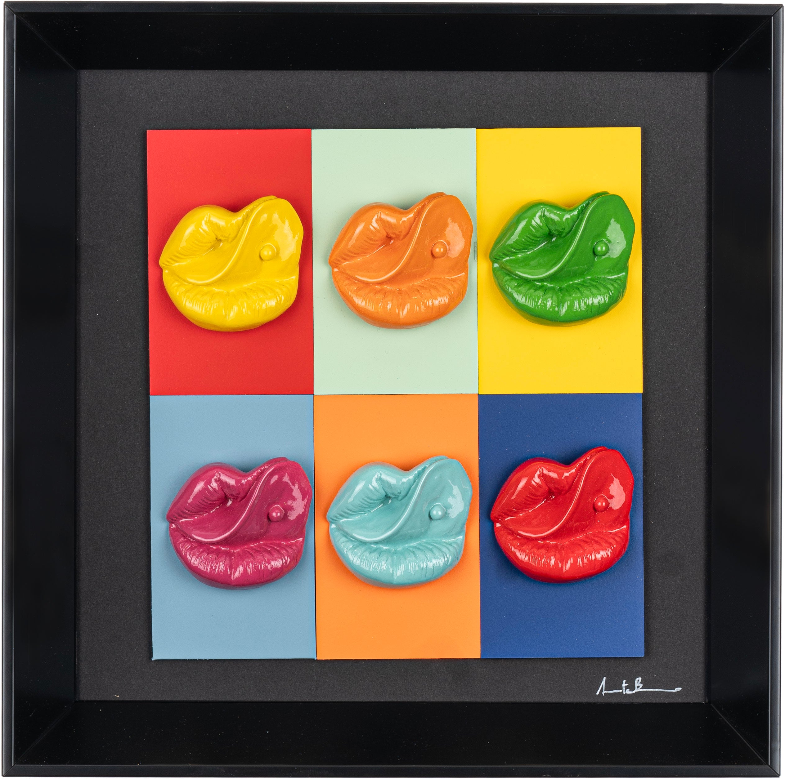 Multibocche - sculture in resina colorata lucida su cartoncino colorato e quadro fondo bianco con cornice artigianale italiana (30x30)