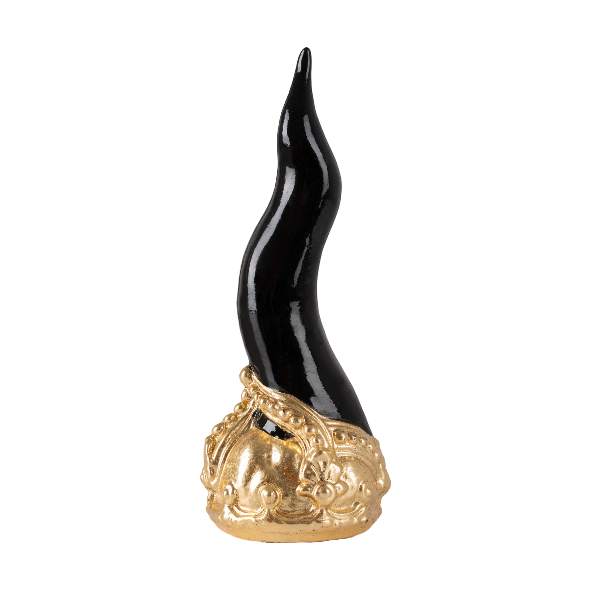 Cornoscultura con corona in oro/argento foglia - scultura in terracotta smaltata a freddo per scaramanzia napoletana (24 cm)