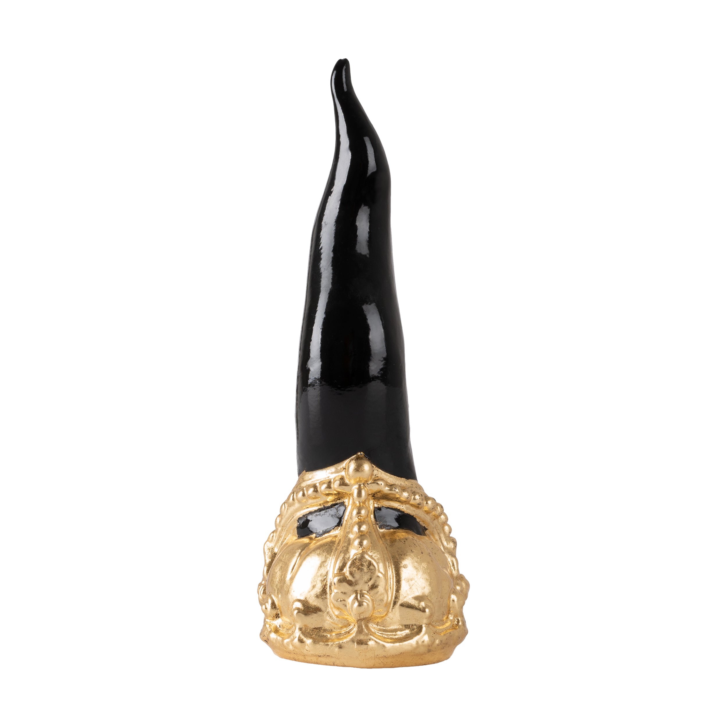 Cornoscultura con corona in oro/argento foglia - scultura in terracotta smaltata a freddo per scaramanzia napoletana (24 cm)