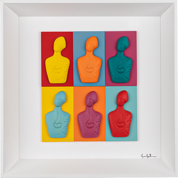 The new San Gennaro - resin sculptures on colored cards in a white background framework (30x30 version)