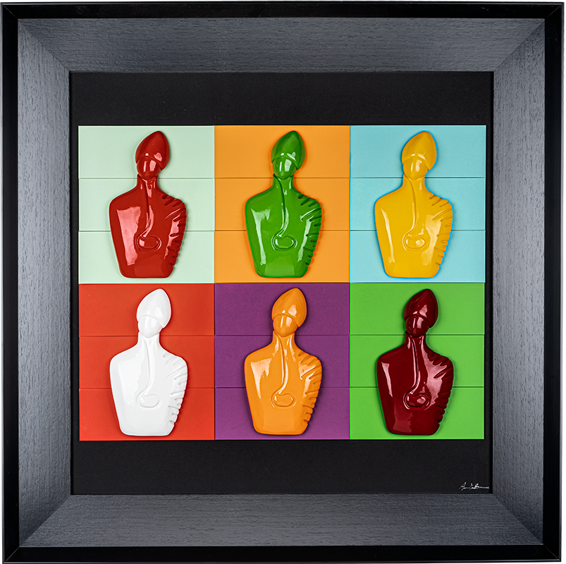 The new San Gennaro - resin sculptures on colored cards in a black background framework (version 100x100)
