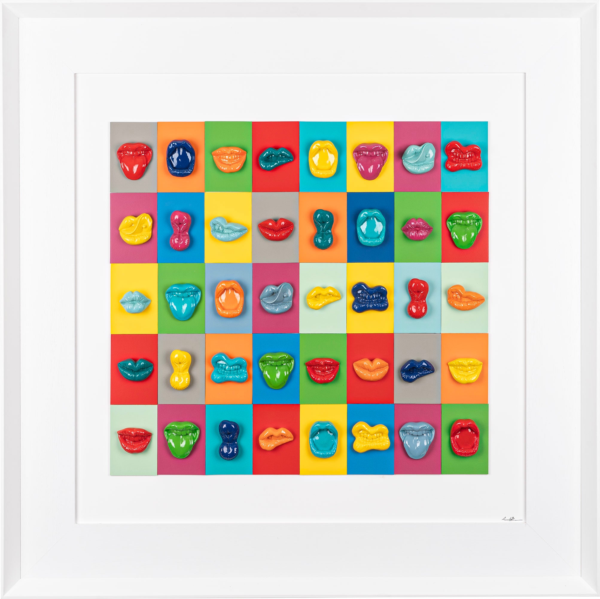 Multibocche - sculture in resina colorata lucida su cartoncino colorato e quadro fondo bianco con cornice artigianale italiana (100x100)