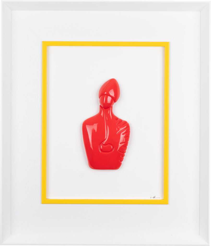 Il nuovo San Gennaro - scultura in resina rossa lucida su quadro fondo bianco (vers.60x70)