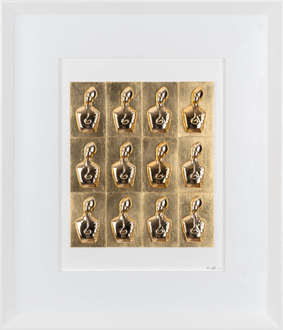 Il nuovo San Gennaro - sculture in resina cromata su cartoncini oro foglia in quadro fondo bianco (vers. 60x70)