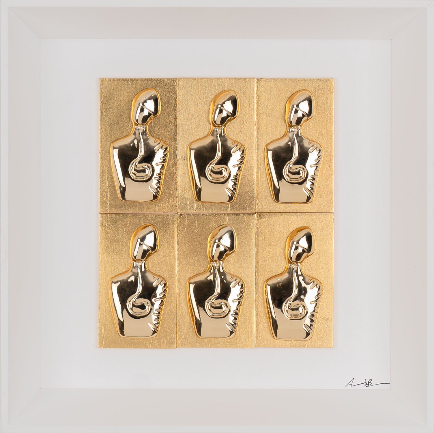 Il nuovo San Gennaro - sculture in resina cromata su cartoncini oro foglia in quadro fondo bianco (vers. 30x30)