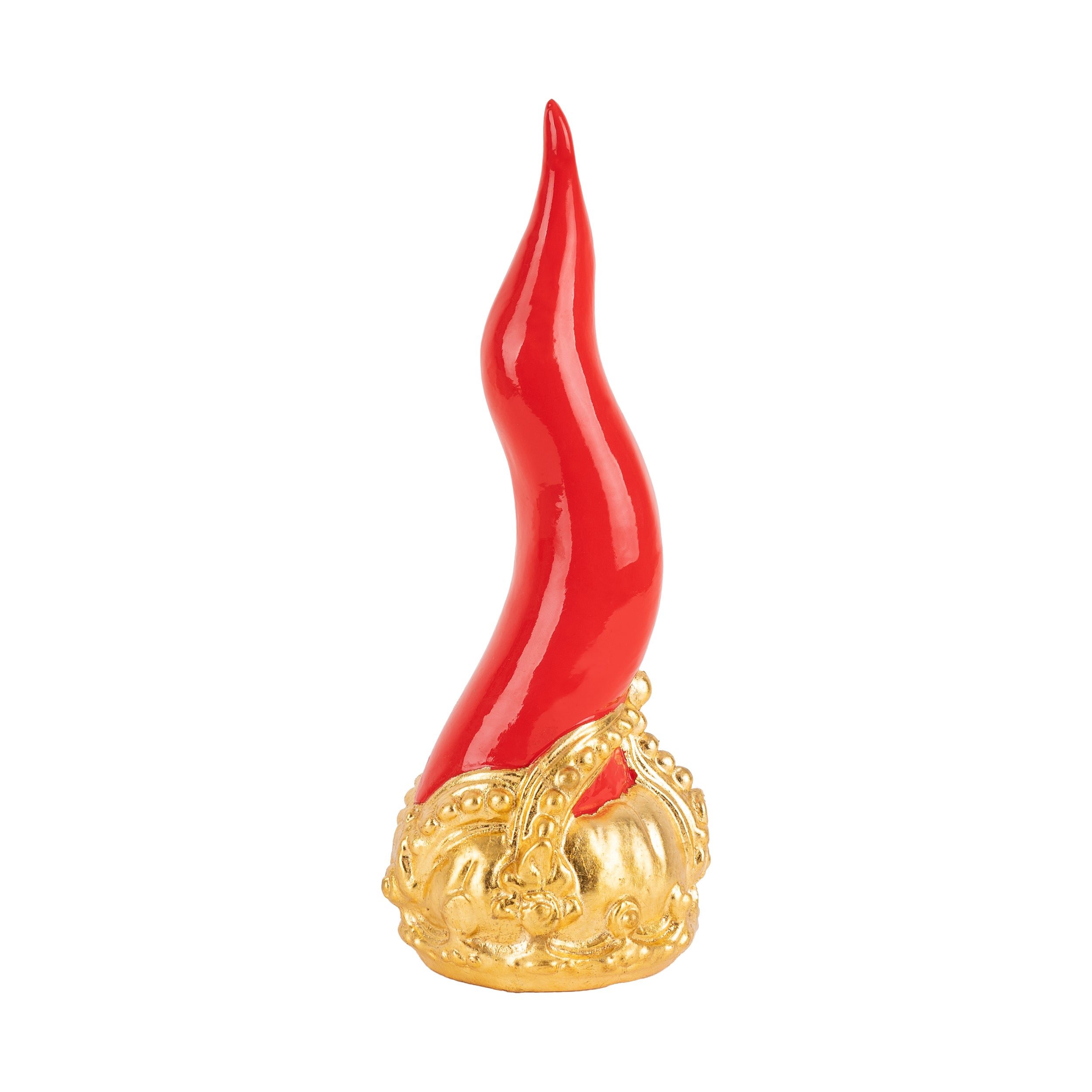 Cornoscultura con corona in oro/argento foglia - scultura in terracotta smaltata a freddo per scaramanzia napoletana (24 cm)