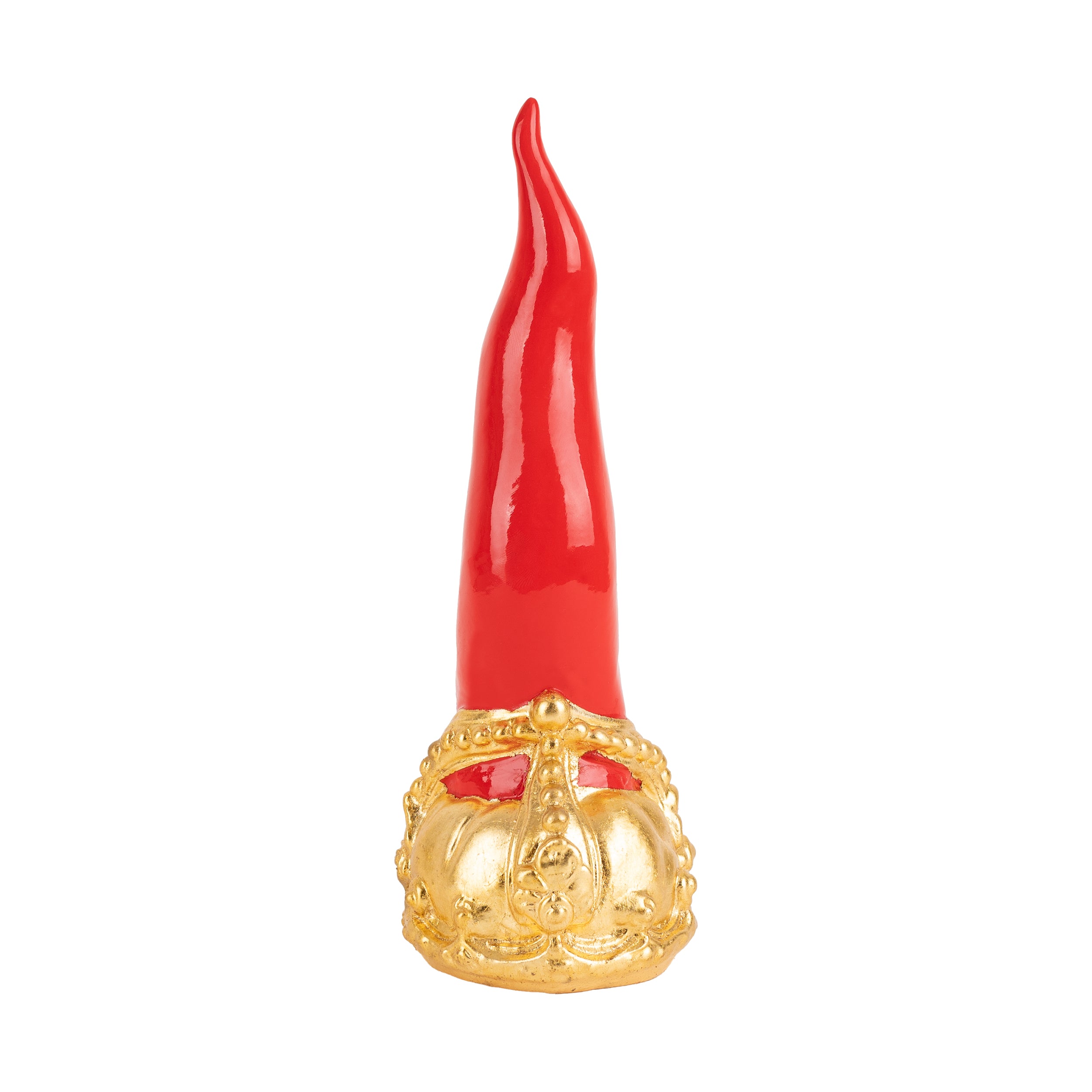 Cornoscultura con corona in oro/argento foglia - scultura in terracotta smaltata a freddo per scaramanzia napoletana (24 cm)