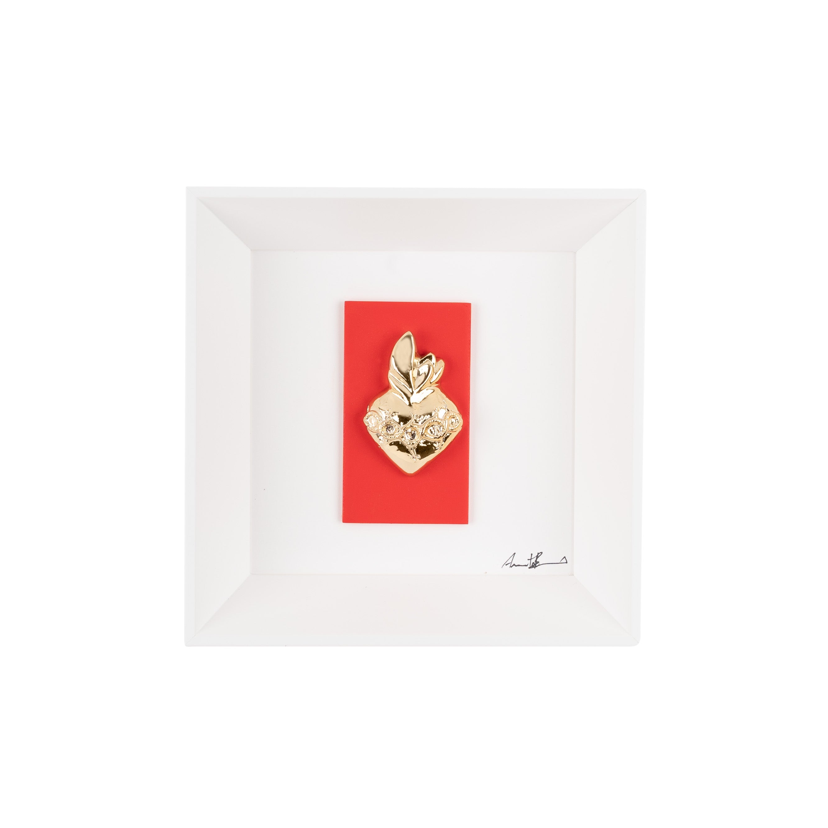 L'atu Core - scultura in resina oro cromata su cartoncino colorato in quadro fondo bianco (vers. 19x19)