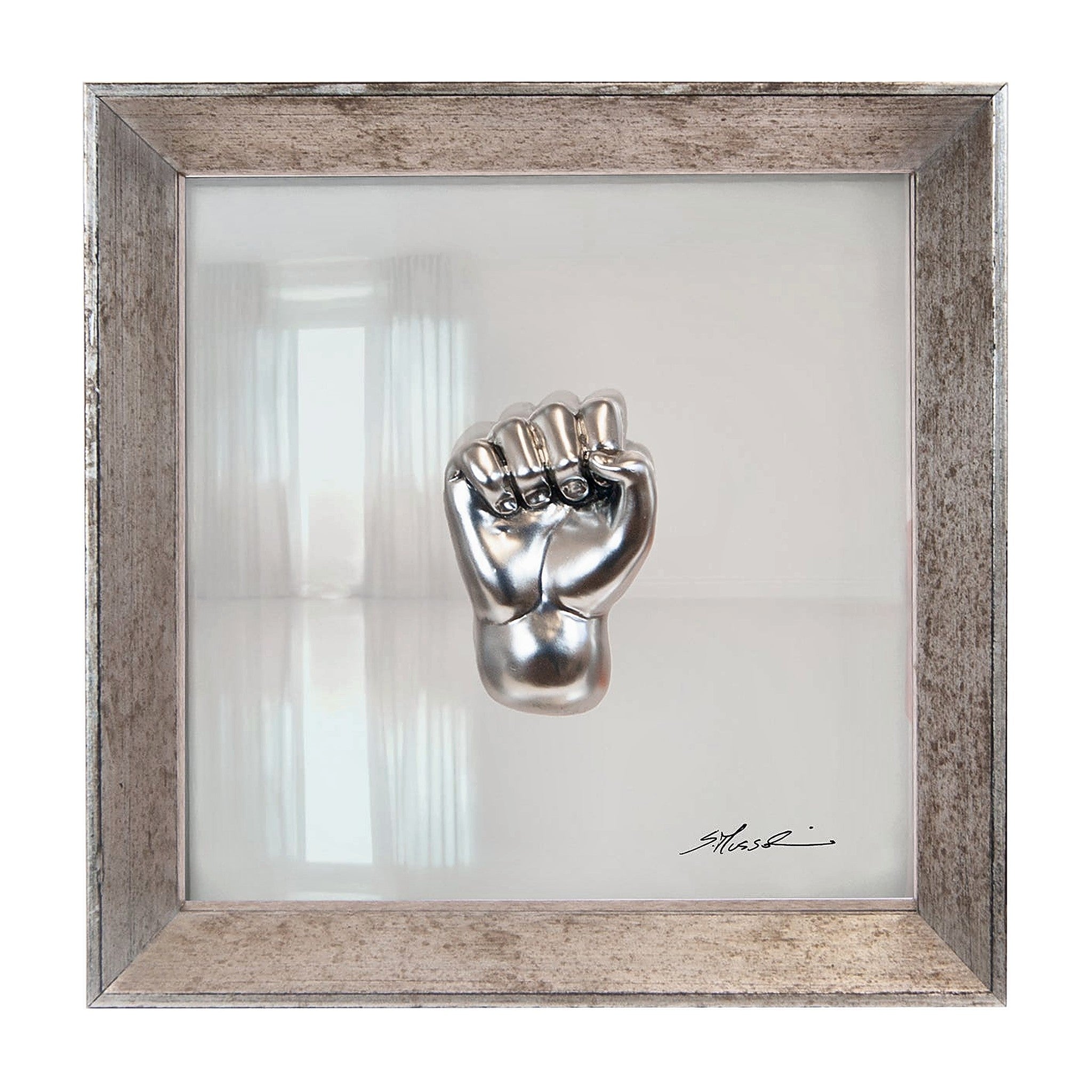 'A carocchia - il linguaggio delle mani con scultura in resina argento cromato su quadro fondo in vetro e cornice argento
