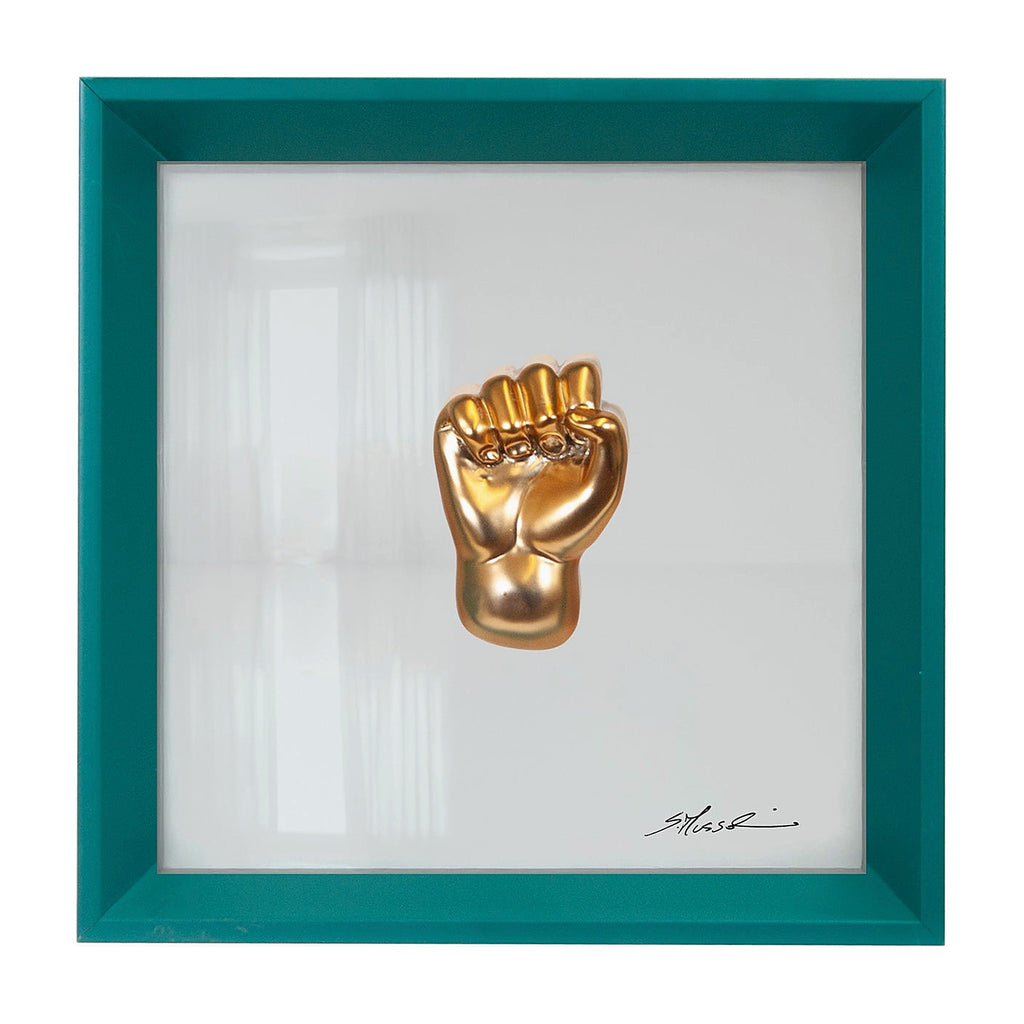 'A carocchia - il linguaggio delle mani con scultura in resina oro cromato su quadro fondo in vetro e cornice turchese