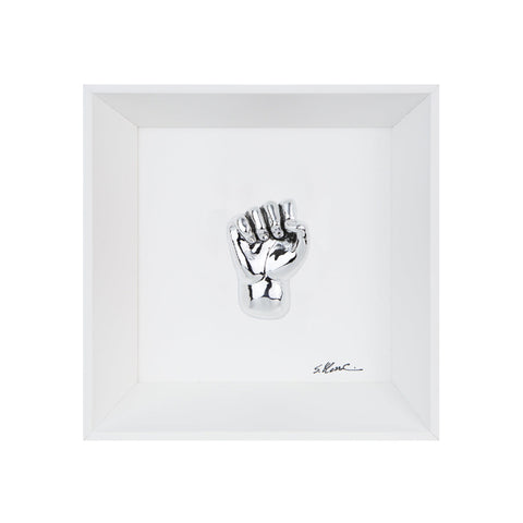 'A carocchia - il linguaggio delle mani con scultura in resina cromata su quadro fondo bianco con cornice artigianale italiana