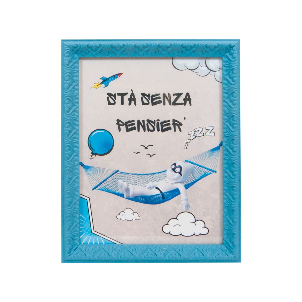 Pulcipop-grafica d'autore sui simboli di Napoli con cornice azzurra artigianale