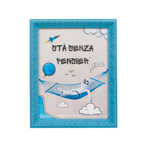 Pulcipop-grafica d'autore sui simboli di Napoli con cornice azzurra artigianale