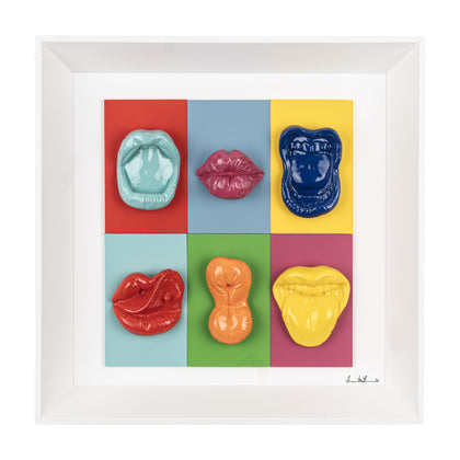 Multibocche - sculture in resina colorata lucida su cartoncino colorato e quadro fondo bianco con cornice artigianale italiana (30x30)