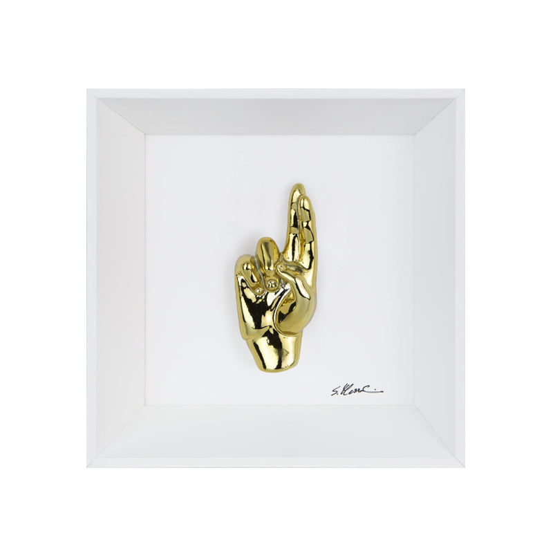 Buscìa - the language of the hands with sculpture in chromed resin on a white background painting and an Italian handcrafted frame