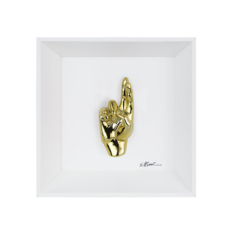 Buscìa - the language of the hands with sculpture in chromed resin on a white background painting and an Italian handcrafted frame