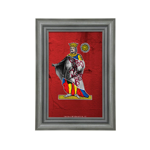 Carlo III, il 10 di Denari - Spacc 'o Mazz, grafica d'autore sui Re di Napoli con cornice artigianale italiana