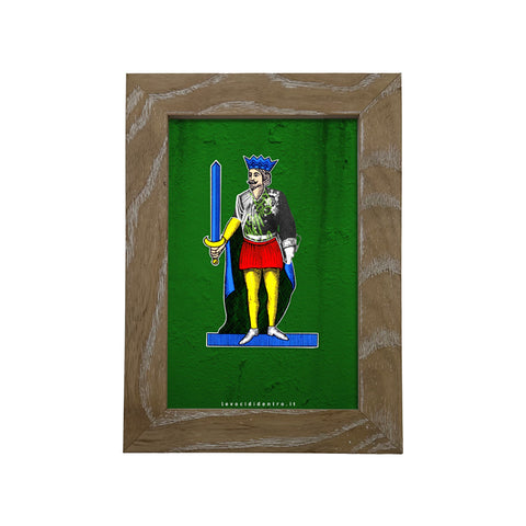 Vittorio Emanuele II, il 10 di Spade - Spacc 'o Mazz, grafica d'autore sui Re di Napoli con cornice artigianale italiana