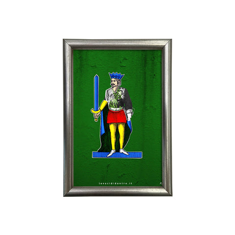 Vittorio Emanuele II, il 10 di Spade - Spacc 'o Mazz, grafica d'autore sui Re di Napoli con cornice artigianale italiana