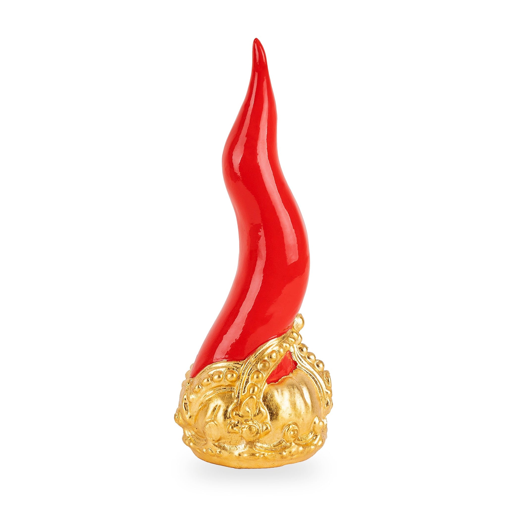 Cornoscultura con corona in oro/argento foglia - scultura in terracotta smaltata a freddo per scaramanzia napoletana (24 cm)