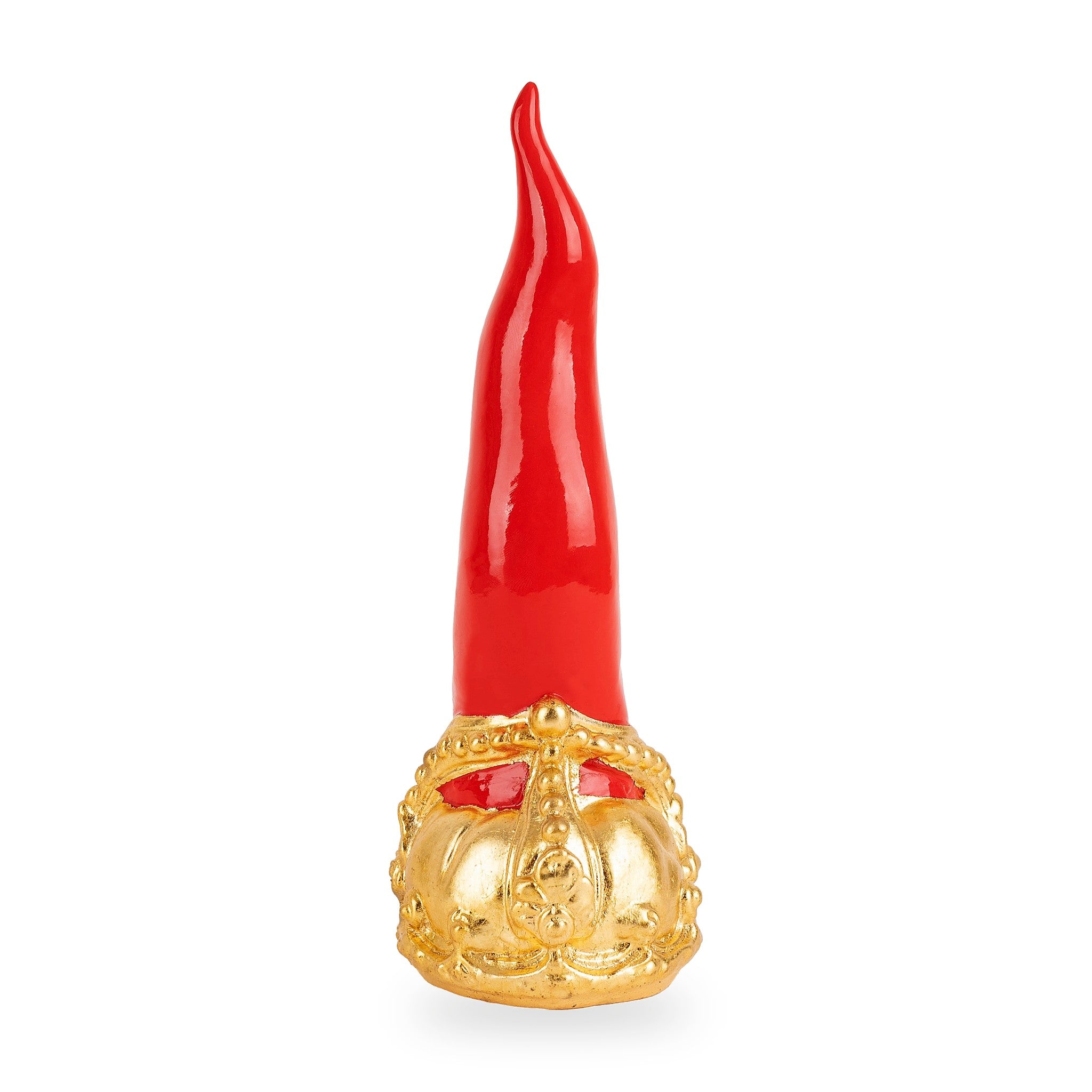 Cornoscultura con corona in oro/argento foglia - scultura in terracotta smaltata a freddo per scaramanzia napoletana (24 cm)