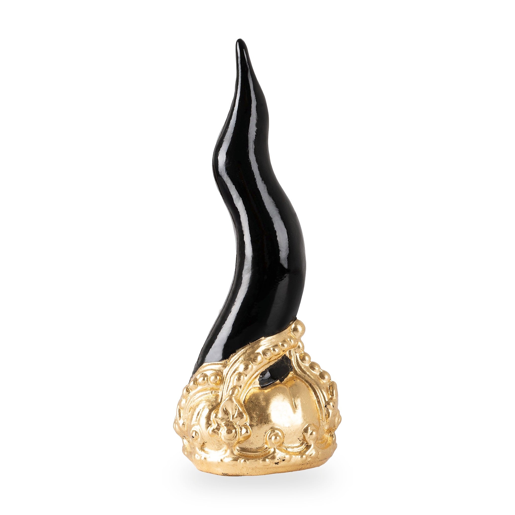 Cornoscultura con corona in oro/argento foglia - scultura in terracotta smaltata a freddo per scaramanzia napoletana (24 cm)