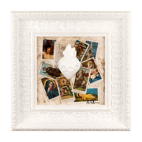 Devozione, edicola votiva - sculture in resina colorata con grafiche su quadro bianco (vers. 47x47)