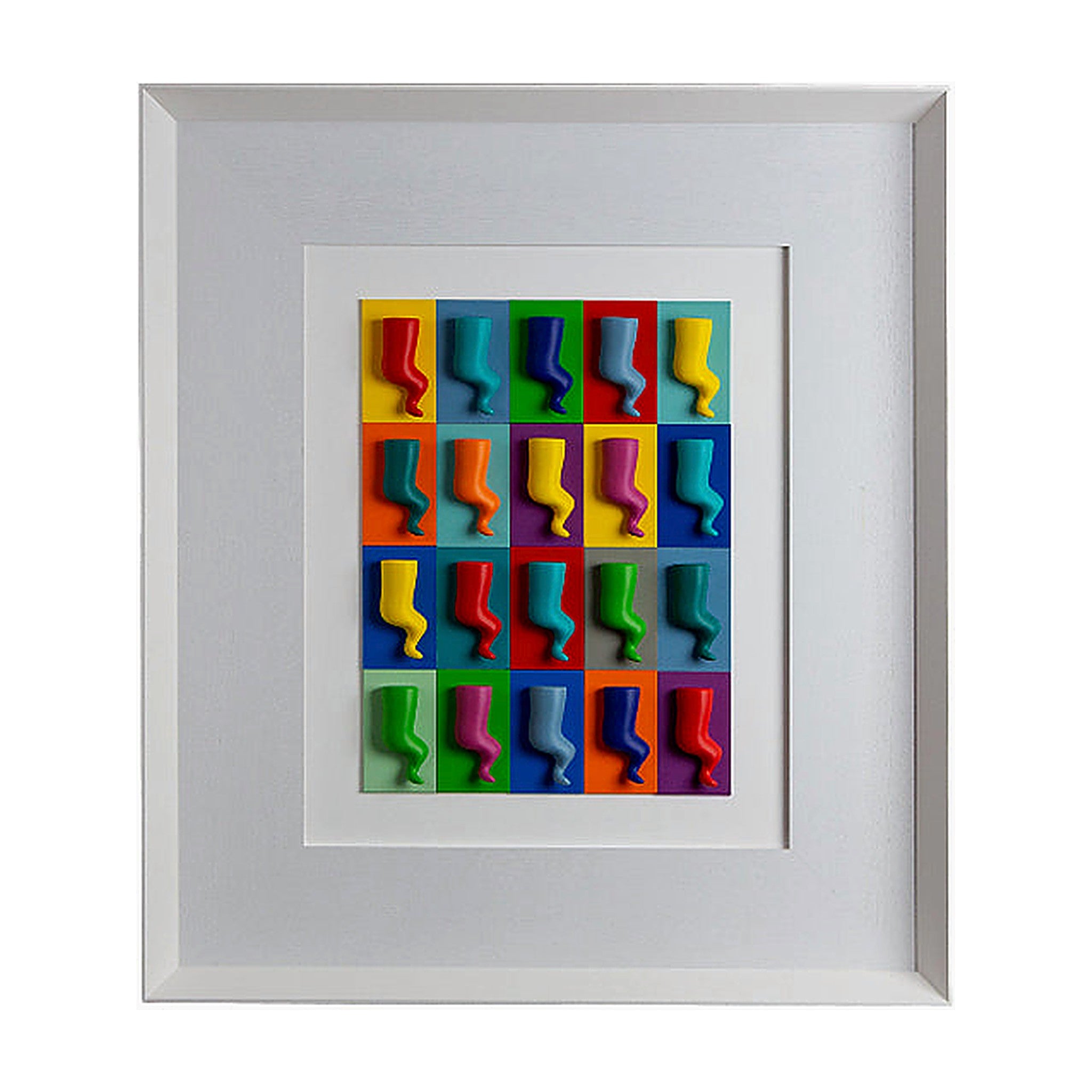 Corni - sculture colorate su quadro fondo bianco con cartoncino colorato e cornice artigianale italiana