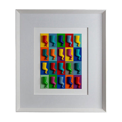 Corni - sculture colorate su quadro fondo bianco con cartoncino colorato e cornice artigianale italiana