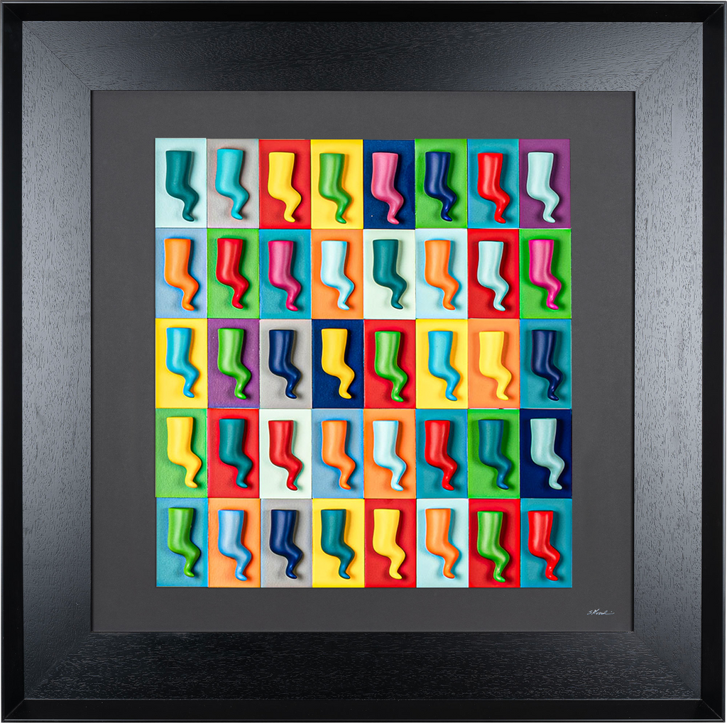 Horns - colored sculptures on a black background with colored cardboard and an Italian handcrafted frame
